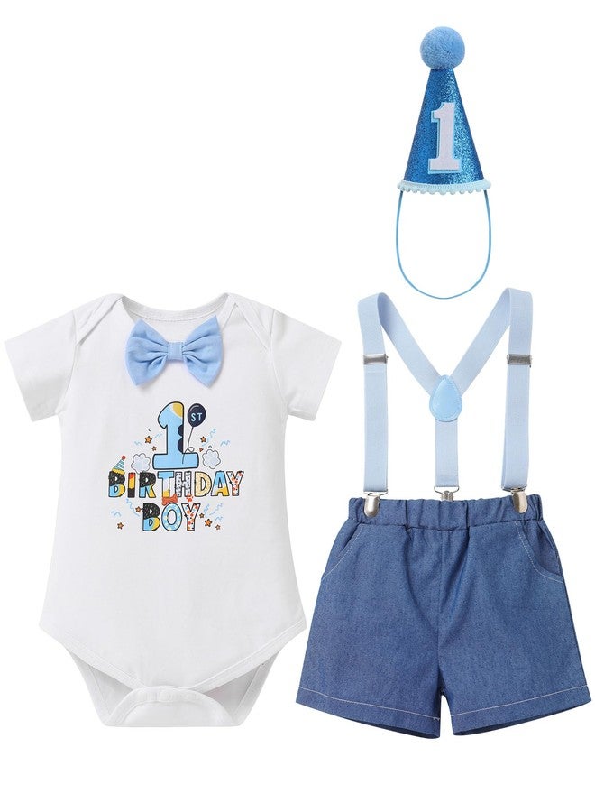 IMEKIS First Birthday Outfit Boy: Toddler Baby One Year Old Cake Smash Photoshoot Romper Suspenders Shorts Pants Sets Hat Summer Short Sleeve Clothes Blue 1 Birthday 12-18 Months - Image 1